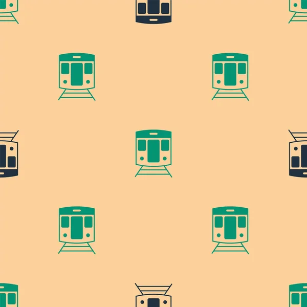 Treno verde e nero e icona ferroviaria isolato modello senza soluzione di continuità su sfondo beige. Simbolo dei trasporti pubblici. Trasporto ferroviario della metropolitana. Metropolitana sotterranea. Vettore — Vettoriale Stock