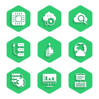 Veri aktarımı, grafik grafikli Monitor, Server, Data, Web Sunucu, Sosyal ağ, Ağ bulut bağlantısı, Arama bilgisayarı ve İşlemci İşlemcisi simgesi ile birlikte ayarla. Vektör