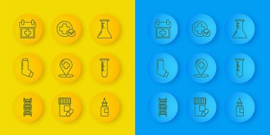 Çizgi DNA sembolü, astım spreyi, çapraz hastaneli harita işaretleyici, şişe burun spreyi, tüp ve matara, doktor randevusu ve Cross tıbbi ikonu. Vektör