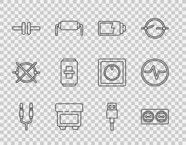 Hat ses kriko, elektrik prizi, pil şarj seviyesi göstergesi, sigorta, devre şeması, ışık anahtarı, USB kablo ve simge ayarla. Vektör