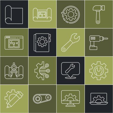 Dizüstü bilgisayar ve teçhizat, İngiliz anahtarı, elektrikli matkap makinesi, dişli okları iş akışı olarak ayarla, kullanıcı kılavuzu, ev planı, mühendislik ve simge için grafikleme kağıdı. Vektör