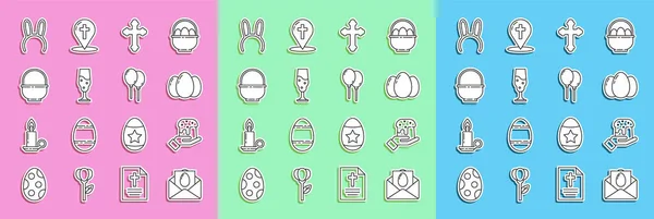 Set line wenskaart met Happy Easter, menselijke hand en paastaart, eieren, christelijk kruis, wijnglas, mand, masker lange konijnenoren en ballonnen lint pictogram. Vector — Stockvector