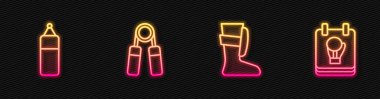 Sport boks ayakkabıları, kum torbası, genişletici ve boks eldiveni. Parlayan neon ikonu. Vektör