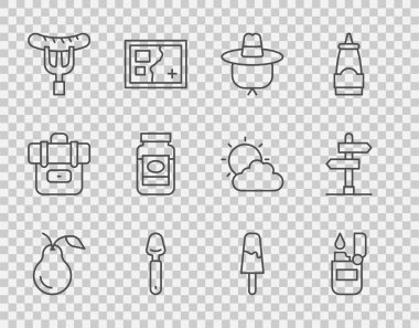 Pear, Lighter, Kamp şapkası, Kaşık, Sosis, Çatal, Reçel kavanozu, Dondurma ve Trafik Tabelasının simgesi. Vektör