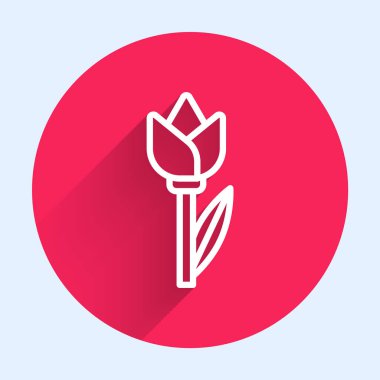 White line Flower tulip icon isolated with long shadow. Red circle button. Vector