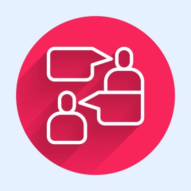 Beyaz çizgi İki oturan adam konuşan ikon uzun gölgeli izole. Konuşma balonu sohbeti. İleti simgesi. İletişim ya da yorum sohbet sembolü. Kırmızı daire düğmesi. Vektör