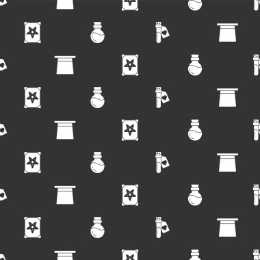 Aşk iksiri şişesi, sihirli şapka, Antik büyü kitabı ve kusursuz desenli. Vektör