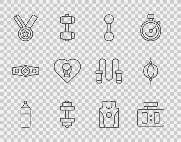 Встановити лінійну панчоху, спортивну механічну табло, дзвін, медаль, боксерську рукавичку, майку, футболку та ікону. Вектор — стоковий вектор