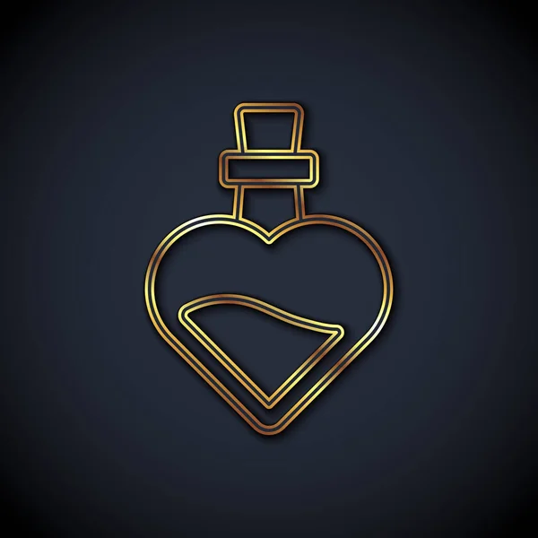 Золота лінія Пляшка з піктограмою любовного зілля ізольована на чорному тлі. Символ дня Святого Валентина. Векторні — стоковий вектор