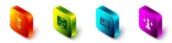 Set Isometrische Medaille, Belangrijkste prestatie-indicator, Leesboek en Front end development icon. Vector — Stockvector