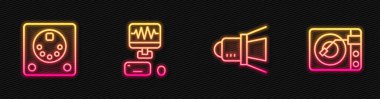 Set hattı, spot ışıkları, bateri makinesi, müzik stüdyosu ve vinil diskli vinil çalar. Parlayan neon ikonu. Vektör