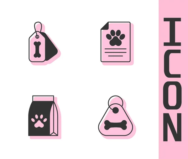 Set Collar de perro con hueso, Bolsa de comida para mascotas e icono de la historia clínica médica. Vector — Archivo Imágenes Vectoriales