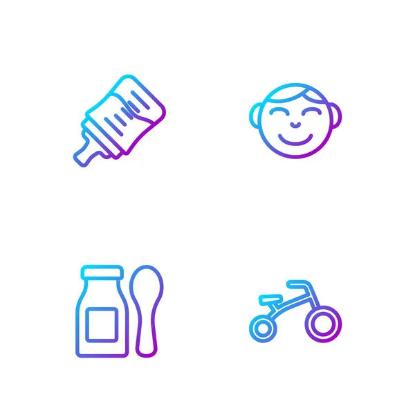 Set-Line-Fahrrad für Kinder, Joghurt in Flasche mit Löffel, Baby- und Knabenkopf. Farbverlauf-Symbole. Vektor — Stockvektor