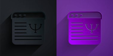 Kağıt kesiği, mor arka planda siyah üzerine izole edilmiş online psikolojik danışmanlık mesafesi ikonu. Psikoterapi, psikolojik yardım, online psikiyatrist danışmanlığı. Kağıt sanatı tarzı. Vektör