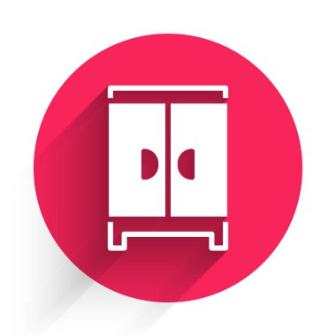 Beyaz Gardırop simgesi uzun gölge arkaplanı ile izole edilmiş. Dolap tabelası. Kırmızı daire düğmesi. Vektör