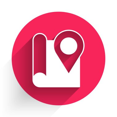 Konum imleci simgesine sahip beyaz katlı harita uzun gölge arkaplanı ile izole edildi. Kırmızı daire düğmesi. Vektör