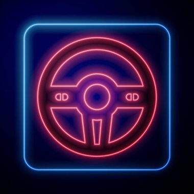 Parlayan neon direksiyon simgesi siyah arkaplanda izole edildi. Araba tekeri ikonu. Vektör