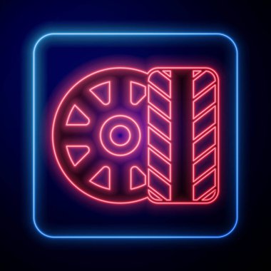 Parlayan neon araba tekerleği ikonu siyah arka planda izole edilmiş. Vektör