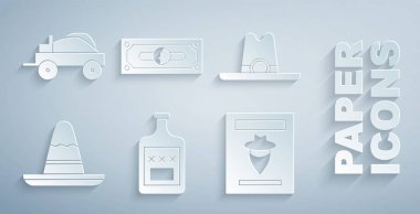 Viski şişesi, kovboy şapkası, Meksika şapkası aranıyor batı afişi, kağıt para yığını ve vahşi araba ikonu. Vektör