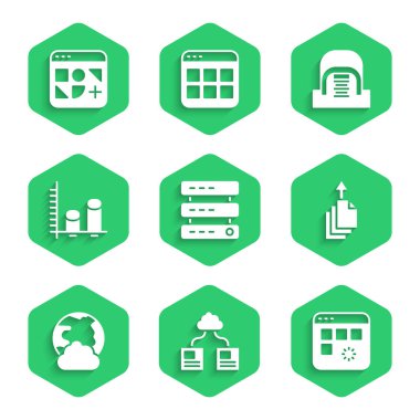 Sunucu Veri Sunucusu Web Sunucu Bulut teknolojisi veri transferini, pencere dışa aktarma sosyal ağ analiz hangarını sunucularla ve farklı dosya simgesiyle ayarla. Vektör.