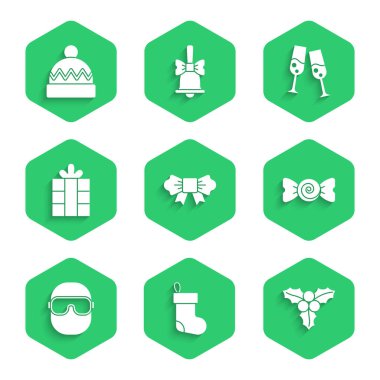 Papyon kravatı, Noel çorabı, Şube viburum Şeker Kayak gözlükleri hediye kutusu şampanya ve kış şapkası ikonu. Vektör.
