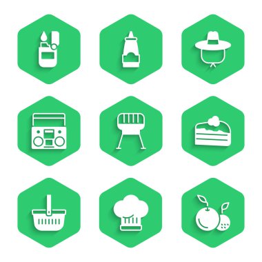 Barbekü ızgarası, şef şapkası, meyveli kek, piknik sepeti, iki hoparlörlü müzik seti, kamp ve ışıklı ikon. Vektör