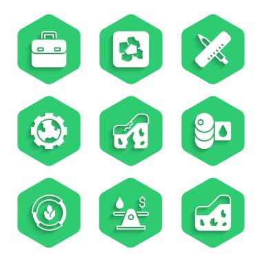 Jeolojik fay, petrol parası, toprak, varil yağı, toprak analizi, çarklar ve toprak, çapraz cetvel kalem ve evrak çantası ikonu. Vektör