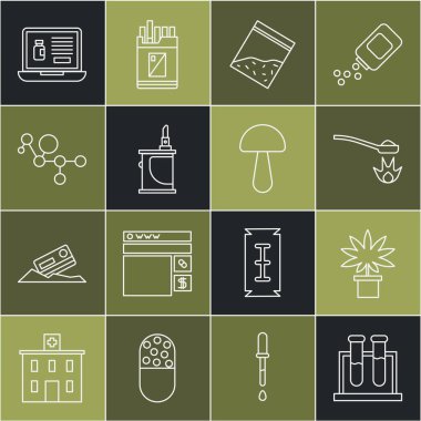 Hat testi tüpü ve matarası, eroin kaşığı, plastik uyuşturucu torbası, elektronik sigara, kenevir molekülü, online dizüstü bilgisayar ve Psilocybin mantar ikonu satın alma. Vektör