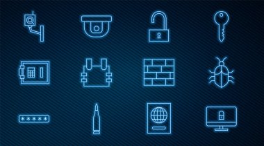 Hat kilidini bilgisayar monitörüne, sistem hatası konseptine, asma kilit, kurşun geçirmez yelek, kasa, güvenlik kamerası, tuğla ve hareket sensörü simgesine ayarla. Vektör