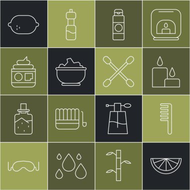 Citrus meyvesi, saç fırçası, yanan mum, krem veya losyon kozmetik tüpü, deniz tuzu kasesi, kulak ikonu için limon ve pamuk çubuğu. Vektör