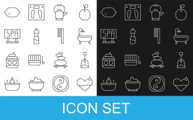 Kalp tedavisi, çay poşeti, küvet, saplı su ısıtıcısı, bir şişe su, kaplıca salonu tabelası, limon ve saç fırçası ikonu. Vektör