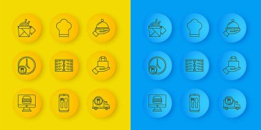 Çevrimiçi sipariş ve dağıtım hattı, 24 saat restoran kafe menüsü, araba, erişte, tepsi dolusu yemek ve şef şapkası ikonu ile kaplı. Vektör