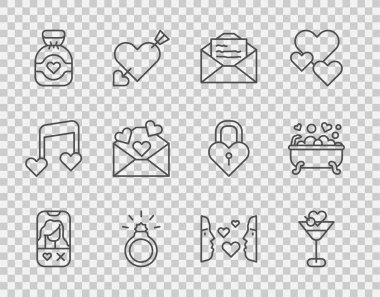 Online flört uygulaması, Martini bardağı, tebrik kartı, elmas nişan yüzüğü, çikolata şekeri, Sevgililer Günü kalpli zarf, ilk aşk görüntüsü ve romantik tuvalet ikonu. Vektör