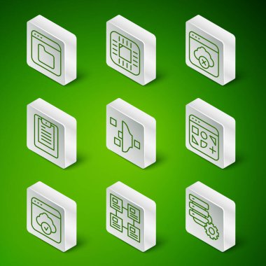 Satır Sunucusu ve teçhizatı ayarla, Hiyerarşi organizogram şeması, Tarayıcı dosyaları, Filtre ayarı, Sunucu, Veri raporu, işlemci ile işlemci, Bulut teknoloji veri transferi ve farklı simge. Vektör