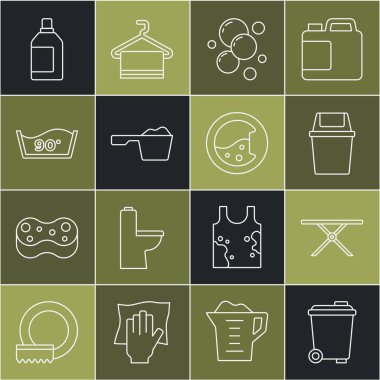 Çöp tenekesi, ütü masası, sabun köpüğü, deterjan, bulaşık deterjanı, temizlik malzemesi şişesi ve çamaşır ikonu. Vektör