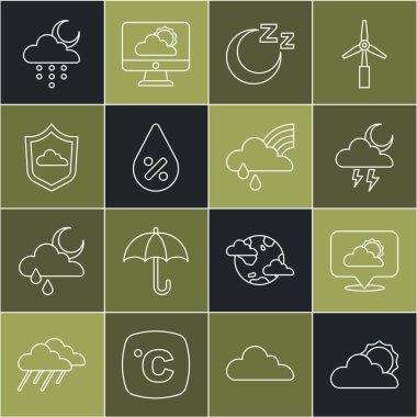 Güneş ve bulut hava durumu, konum, fırtına, zaman uykusu, su damlası yüzdesi, hava tahmini, yağmur aylı bulut ve gökkuşağı ikonu. Vektör