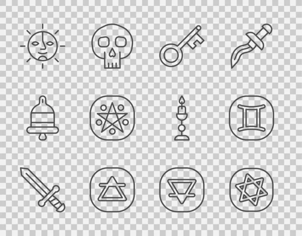 Definir linha Espada medieval, cartas de tarô, Chave velha, Elemento ar, Sol, Pentagrama em círculo, Ícone do zodíaco da Terra e Gêmeos. Vetor — Vetor de Stock