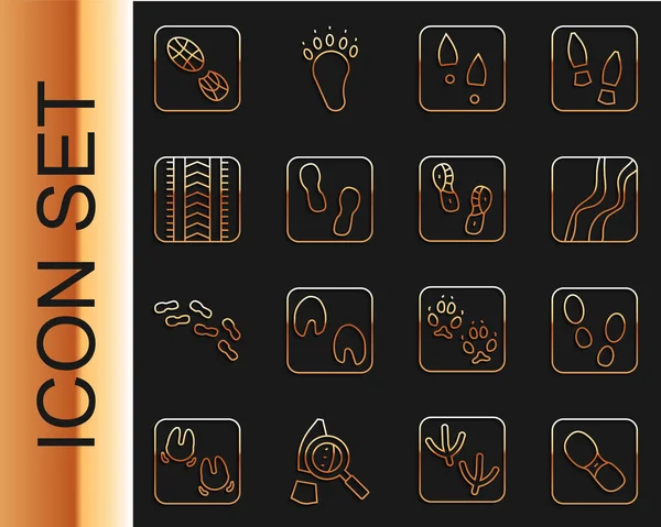 Set line Human footprints shoes, Snake paw, Tire track, and icon. Вектор — стоковый вектор