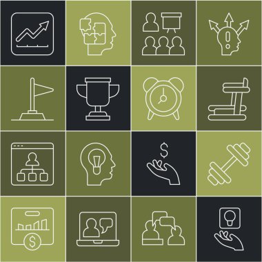 Ampul, Dumbbell, Koşu bandı Makinesi, Eğitim, Sunum, Ödül Kupası, Bayrak, Finansal büyüme artışı ve Alarm Saat simgesini ayarla. Vektör