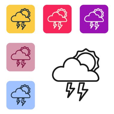 Siyah çizgi Storm simgesi beyaz arkaplanda izole edildi. Şimşek ve güneş işaretli bir bulut. Fırtınanın hava durumu ikonu. Renkli kare düğmelerle simgeleri ayarla. Vektör