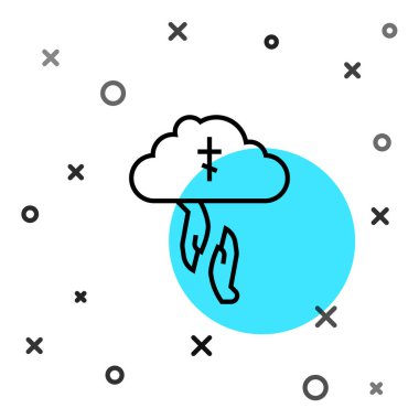 Siyah çizgi tanrıları beyaz arka planda izole edilmiş el simgesine yardım ediyor. Din, İncil, Hıristiyanlık kavramı. İlahi yardım. Rastgele dinamik şekiller. Vektör