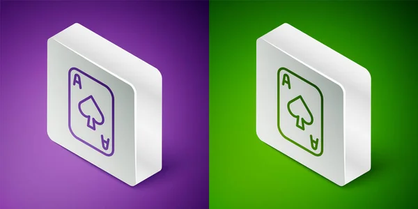 Ligne isométrique Icône de cartes à jouer isolée sur fond violet et vert. Casino de jeu. Bouton carré argenté. Vecteur — Image vectorielle
