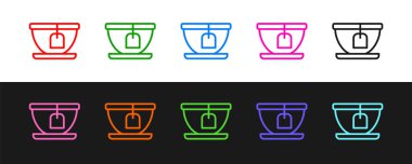 Çay poşeti ikonlu çizgi bardağı siyah beyaz arka planda izole edilmiş. Vektör