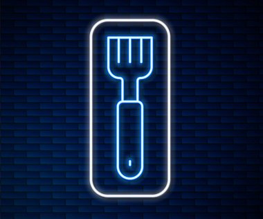 Parlayan neon hattı Fork simgesi tuğla duvar arka planında izole edildi. Çatal bıçak sembolü. Vektör