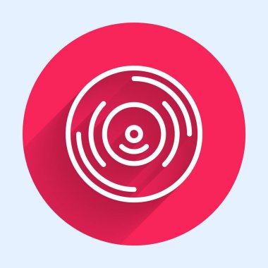 Beyaz çizgi Vinil disk simgesi uzun gölge arkaplanı ile izole edildi. Kırmızı daire düğmesi. Vektör