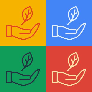 Pop sanat çizgisi El, bitki simgesinden bir yaprak tutuyor. Renk arkaplanında izole edilmiş. Doğayı koru. Yaprak, çevre korumasıyla çekiliyor. Vektör