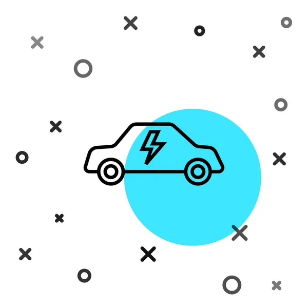 Zwarte lijn Elektrische auto en elektrische kabel plug opladen pictogram geïsoleerd op witte achtergrond. Duurzame eco-technologieën. Willekeurige dynamische vormen. Vector — Stockvector