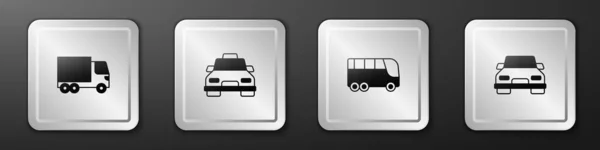 Nastavit Dodávka nákladní vůz, Taxi, Autobus a Auto ikona. Stříbrný knoflík. Vektor — Stockový vektor