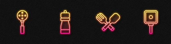 Set line Crossed fork and spoon, Spatula, Pepper and Frying pan. Glowing neon icon. Vector — Stock Vector
