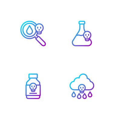 Sıra Asit yağmuru, Zehirli hap, büyüteç ve zehirli sıvıyla beher. Renk simgeleri. Vektör